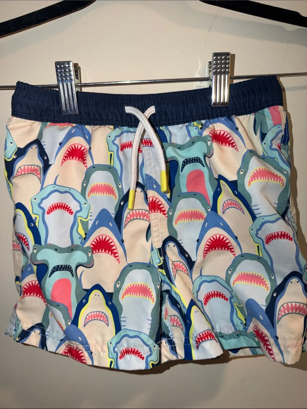 Mini Boden Navy & Multicolor Shark-Print Swim Trunks